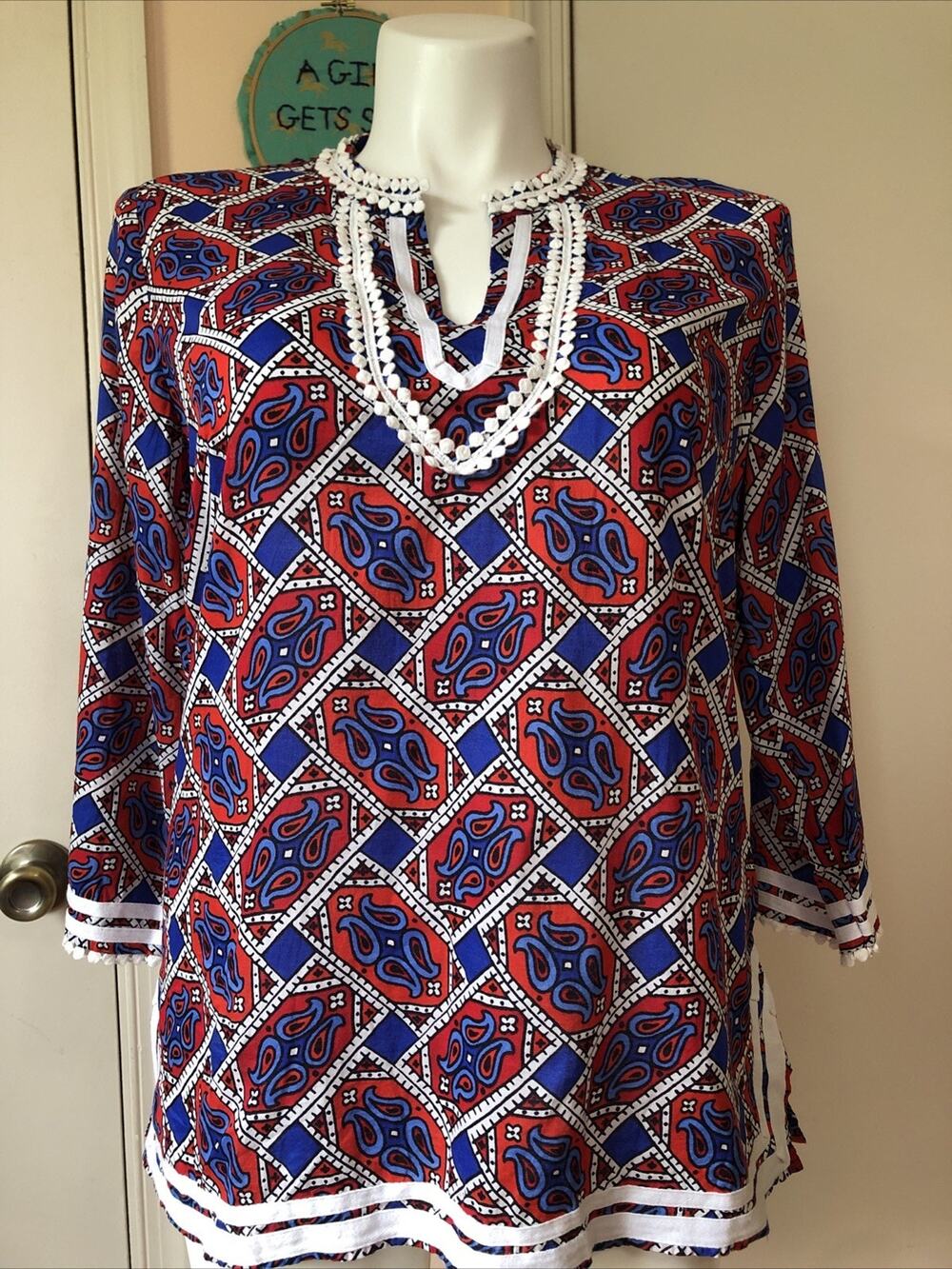 Talbots Tunic Top Large 3/4 Sleeve Split V Neck Paisley Boho Blue Red White